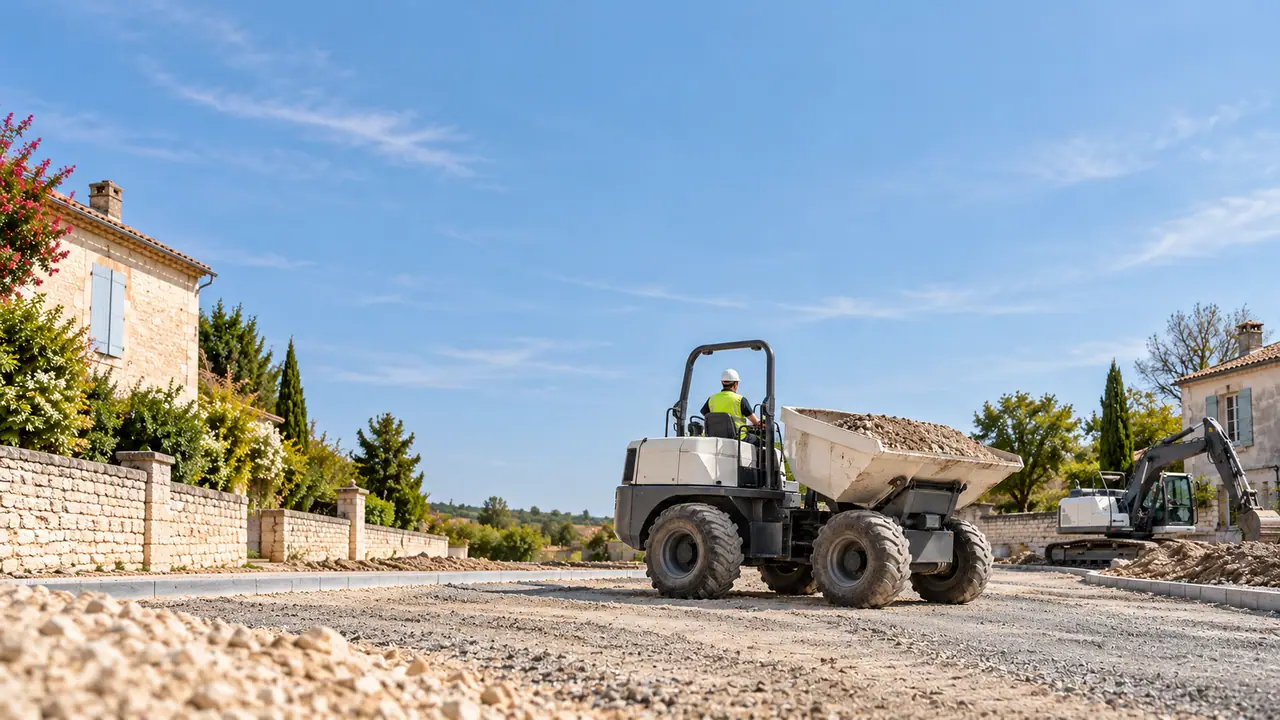 Dumper de chantier de 9 tonnes à benne pivotante sur un chantier de voirie