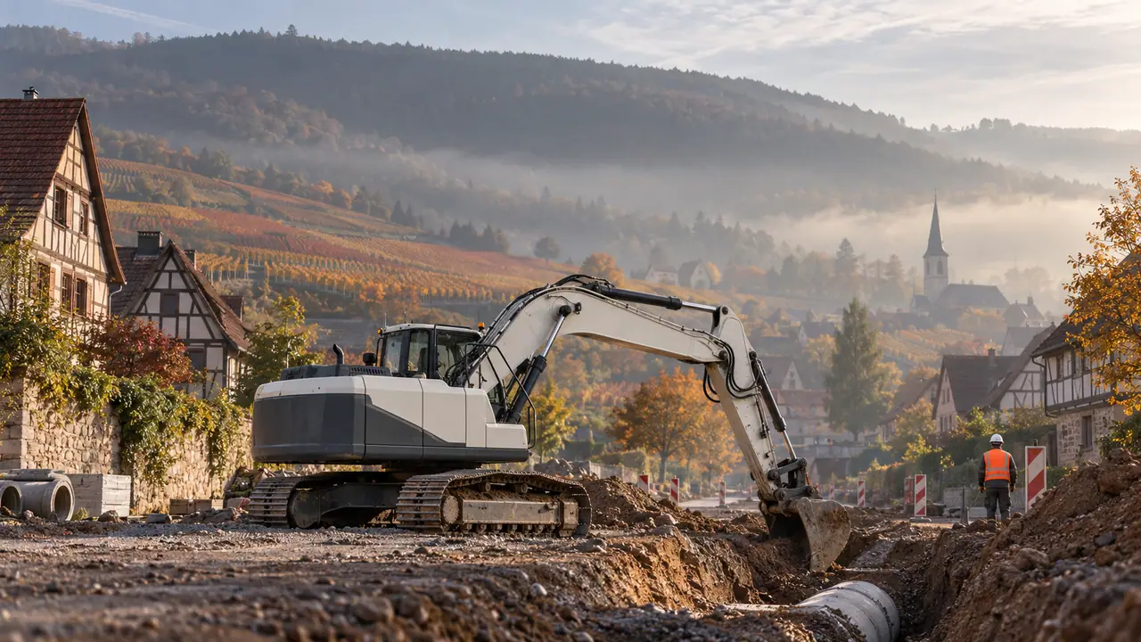 Pelle sur chenilles de 14 tonnes creusant une tranchée d’assainissement en Alsace