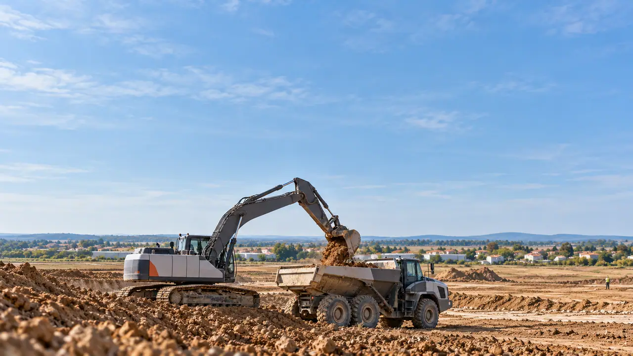 Pelle sur chenilles de 22 tonnes chargeant un tombereau dans une ZAC