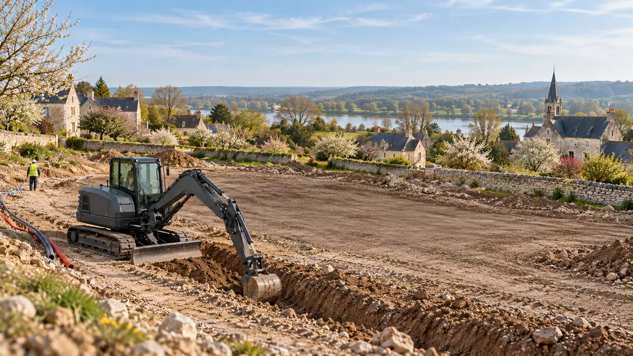 Pelle sur chenilles de 8 tonnes avec lame en viabilisation en bord de village