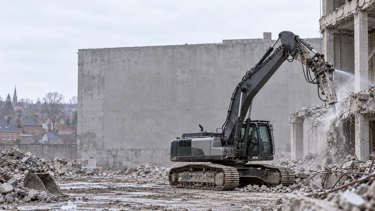 Pelle de démolition équipée d’un brise-roche face à un bâtiment en béton