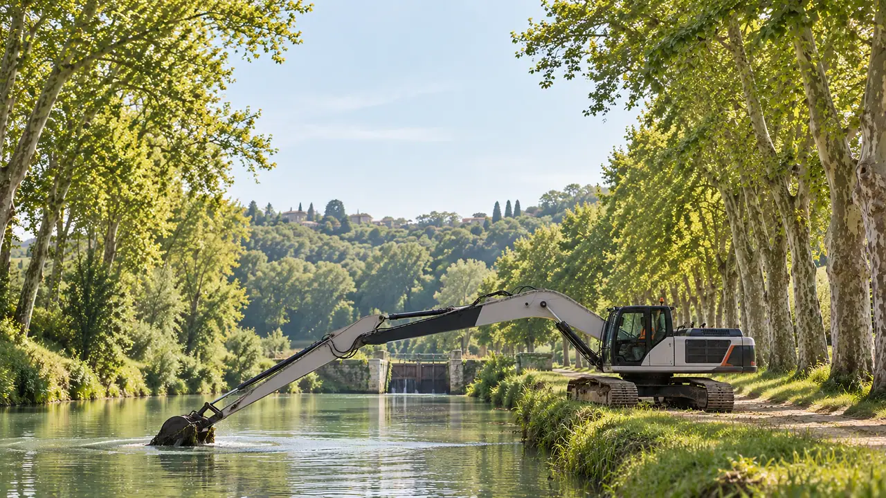 Pelle longue portée curant le Canal du Midi bordé de platanes