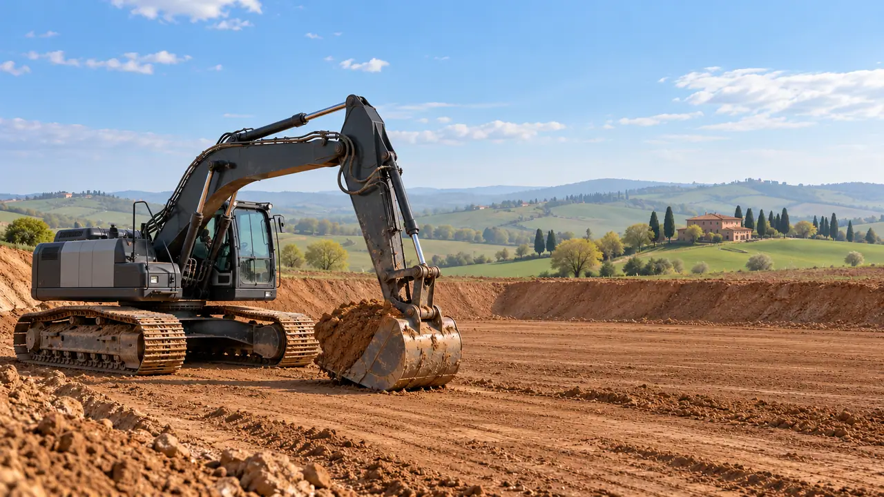 Pelle sur chenilles de 25 tonnes en terrassement dans les collines du Lauragais