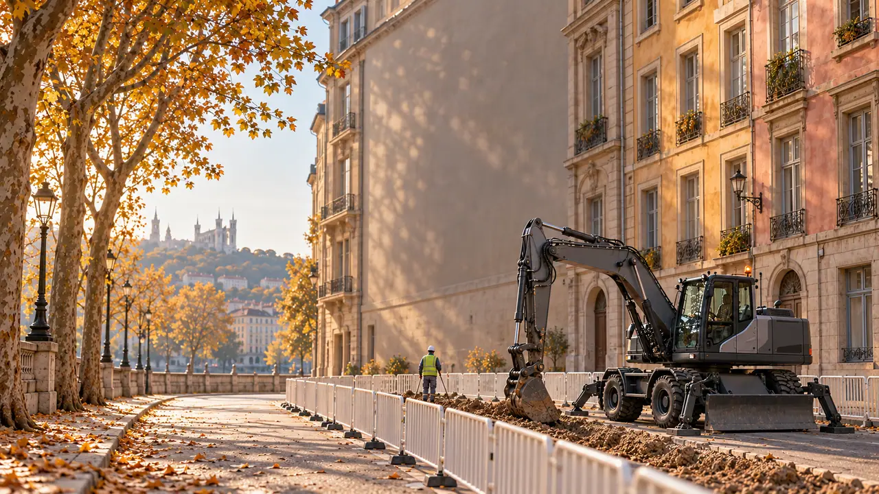 Pelle sur pneus stabilisée dans une rue lyonnaise pour une tranchée de réseau